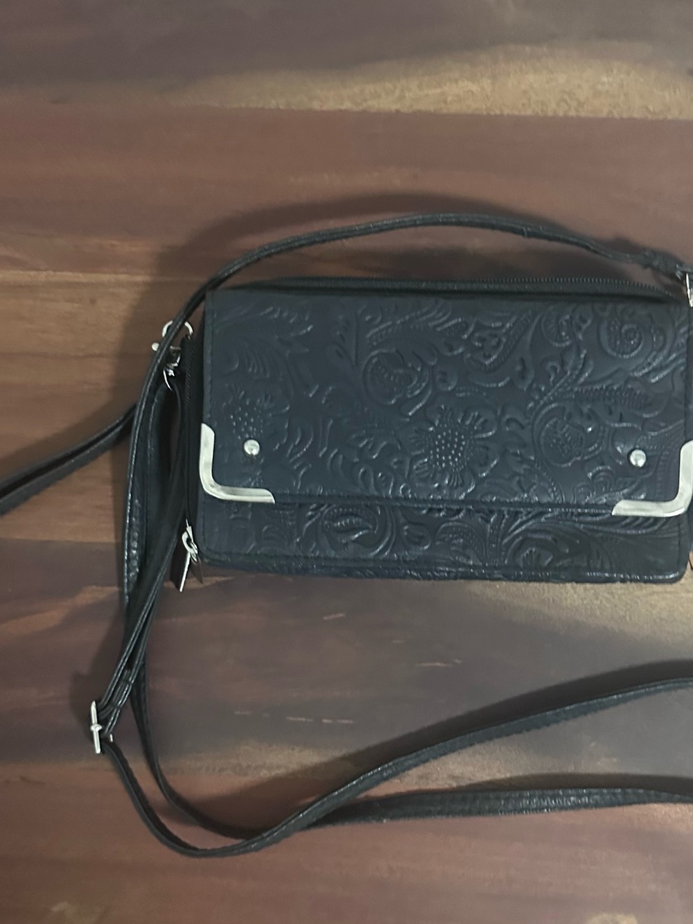 Black Genuine Leather Embossed Crossbody Bag with Silver Accents NWT